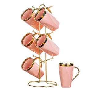 طقم مجات شاي وقهوة من البورسلين الفاخر من لوتس، طقم مكون من 6 قطع مع حامل مطلي -1047