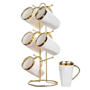 طقم مجات شاي وقهوة من البورسلين الفاخر من لوتس، طقم مكون من 6 قطع مع حامل مطلي -1047