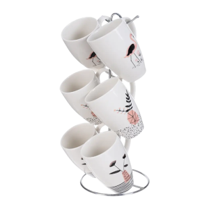 طقم مجات بورسلين لوتس دريم، 6 قطع مع حامل - متعدد الالوان