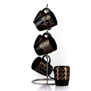 طقم مجات شاي وقهوة من البورسلين لوتس مكون 6 قطع مع حامل مطلي