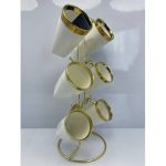 طقم مجات شاي وقهوة من البورسلين الفاخر من لوتس، طقم مكون من 6 قطع مع حامل مطلي -1047