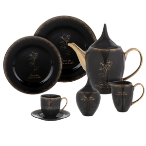 طقم تقديم شاى وجاتوه من البورسلين من لوتس دريم، 24 قطعة - أسود وذهبي
