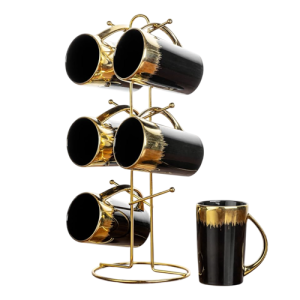 طقم مجات شاي وقهوة من البورسلين الفاخر من لوتس، طقم مكون من 6 قطع مع حامل مطلي