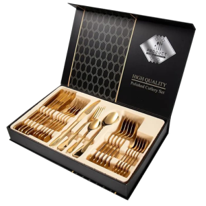 طقم ملاعق وشوك وسكاكين فاخر مطلي ذهبي – 30 قطعة