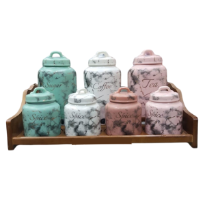 طقم برطمانات بورسلين مكون من 7 قطع لتخزين القهوة والسكر والشاي والتوابل مع حامل خشبي - الاندلس