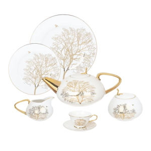 طقم شاى وجاتوه بورسلين لوتس دريم، 24 قطعة - ابيض ذهبى