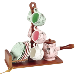 طقم قهوة + كانكة بورسلين ع حامل خشب - 14 قطعة - الاندلس