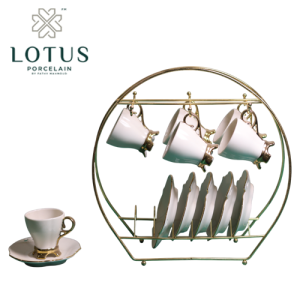 طقم فنجان قهوه - 3038 - استاند مدهب - لوتس