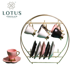 طقم فنجان قهوه - 3038 - استاند مدهب - لوتس