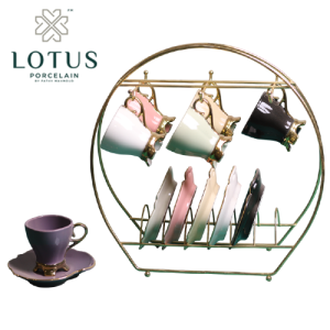 طقم فنجان قهوه - 3038 - استاند مدهب - لوتس