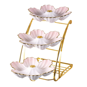 شيالة حلويات بورسلين - 3 دور - مع حامل ستيل مدهب - الأندلس