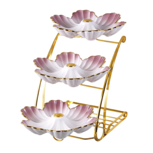 شيالة حلويات بورسلين – 3 دور – مع حامل ستيل مدهب – الأندلس