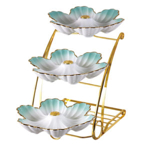 شيالة حلويات بورسلين – 3 دور – مع حامل ستيل مدهب – الأندلس