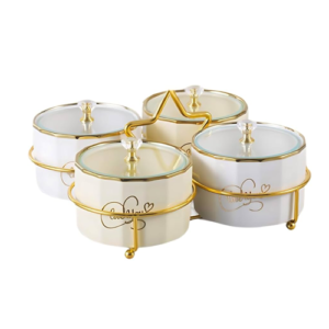 طقم مكسرات بورسلين  4 قطع - على حامل ستيل ذهبي من الاندلس