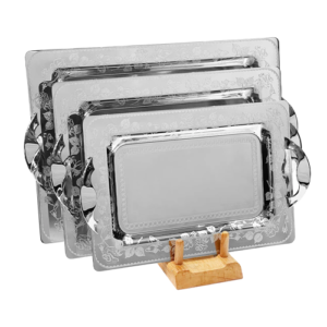 صينية مستطيلة من تريزورز بمقابض، 3 قطع - صنع في إيطاليا - فضي - ستانلس ستيل 18/10