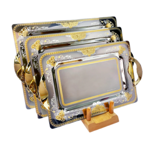 صينية مستطيلة من تريزورز بمقابض، 3 قطع - صنع في إيطاليا - دهبي - ستانلس ستيل 18/10