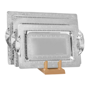 صينية مستطيلة من تريزورز بمقابض، 3 قطع - صنع في إيطاليا - فضي - ستانلس ستيل 18/10