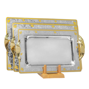 صينية مستطيلة من تريزورز بمقابض، 3 قطع - صنع في إيطاليا - ذهبي - ستانلس ستيل 18/10